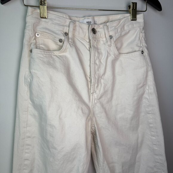 Mango Gabriela High Waist Distressed Knee Wide Leg Button Fly Jeans Ecru Sz 2 - Picture 11 of 13